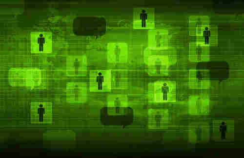 An illustration (not AI-generated) showing human icons scattered across a globe illuminated in bright green.