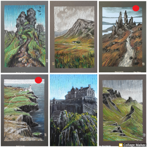 A photo collage of some of my Scottish landscape art.  The Fairy Glen, Glencoe, The Storr, Neist Point, Edinburgh Castle and the Quiraing. 