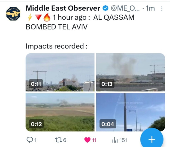 Post on X from Middle East Observer stating that Al-Qassam Brigades bombed Tel Aviv, with videos of missile impacts.