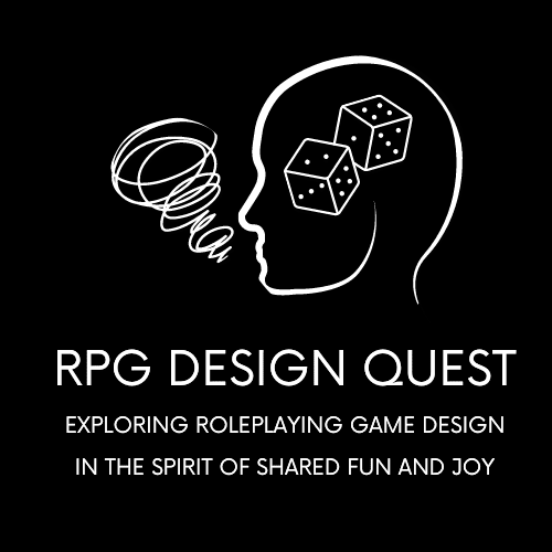 Simply line art of head with dice inside and a squiggle talk symbol. Text underneath:
RPG Design Quest
Exploring Roleplaying Game Design 
In The Spirit Of Shared Fun and Joy