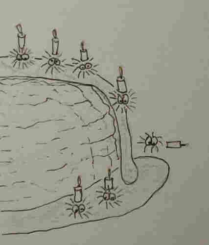 Tiny burdocks, each if them carrying a candle on their head, are floating in a water stream on a huge rock, falling down a waterfall and afterwards floating in a river to an unknown destination. One of them has fallen out of the circuit looking at the others, the candle has fallen from its head.

AutoALT: Hand-drawn sketch of a cake with candles, where the candles have faces and limbs, appearing to express fear of being blown out. A spider and a match are also present.