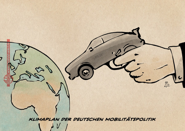 Illustration. Ein Hand zielt mit einer Pistole in Form eines Autos auf die Erdkugel. Textzeile: Klimaplan der deutschen Mobilitätspolitik