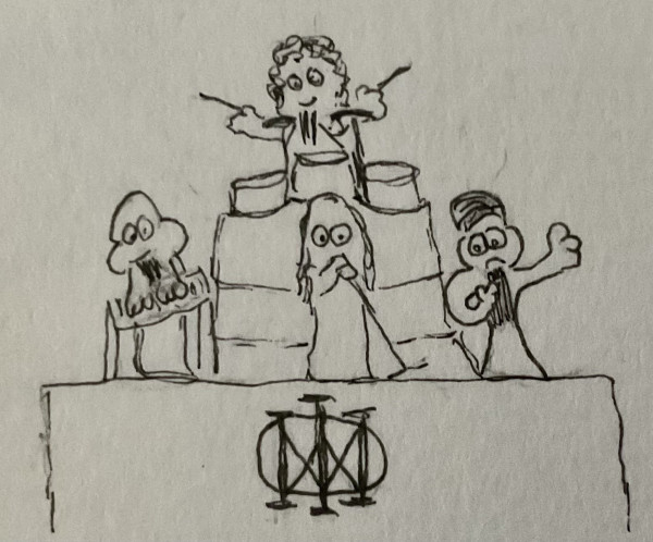 A simple cartoon sketch depicts four characters on stage; one playing drums, one on a keyboard, one singing into a microphone. And someone who appears to hold a guitar, but there isn’t. A logo resembling a combination of the greek letters Phi, Mu, and Lambda.
Nerd title: „John had been ninja‘d!“