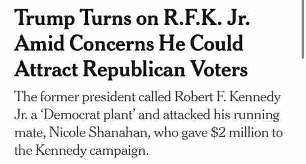 Headline Trump Turns on R.F.K. Jr. Amid Concerns He Could Attract Republican Voters

If you ever thought of voting for this man for more than thirteen seconds you are a dunce