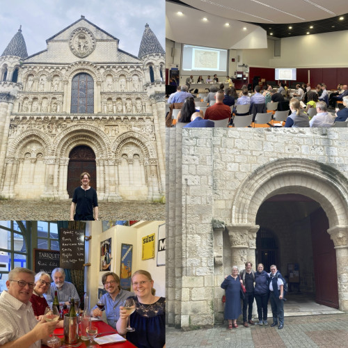 Pictures: me in front of Notre Dame Poitiers, group picture in the restaurant L'Absynth, conference hall, group picture after the session.