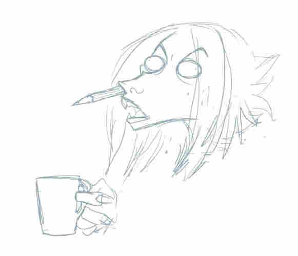 Digital pencil scribble of an anthropomorphic character with a silly and annoyed expression. She's holding a cup of coffee and a pencil is stuck in her nostril.