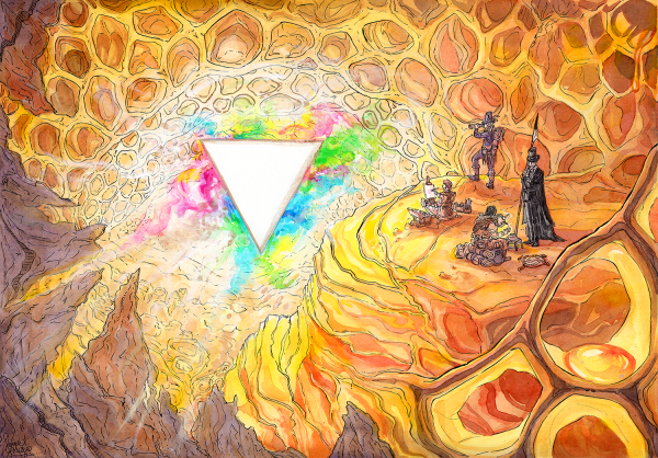a painting of an amber cave that looks a bit like a wasp nest. A party of four are looking down at a strange object in the centre of the cave: An upside down triangle that is emanating a bunch of bright colours.