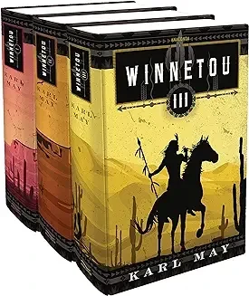 Cover Karl May: Winnetou I to III . A silhouette of a North American native with spear on a moving horseback, with feathers on spear and in the long hair, yellow and orange background showing stylized hills' shapes and silhouettes of cactuses, a stereotypical picture