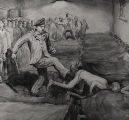 A fragment of a painting in black and white showing a functionary prisoner of Auschwitz kicking another prisoner and forcing him to lie down on a crowded floor. A line of prisners is standing behind him.