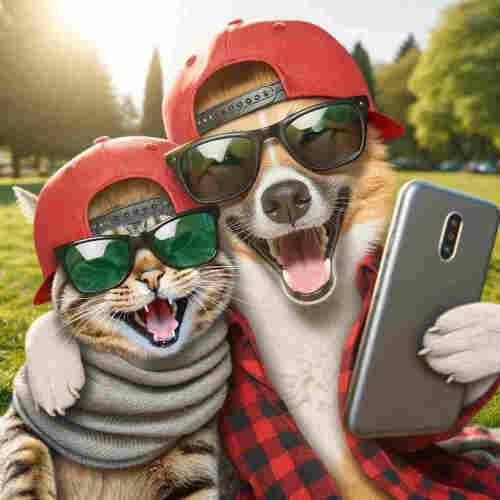 A dog and a cat smiling and taking a selfie like best pals. Oh, and both don a red baseball cap…