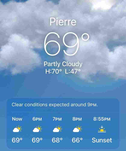 Weather app for Pierre showing 69 degrees F, with clear and party cloudy conditions all day
