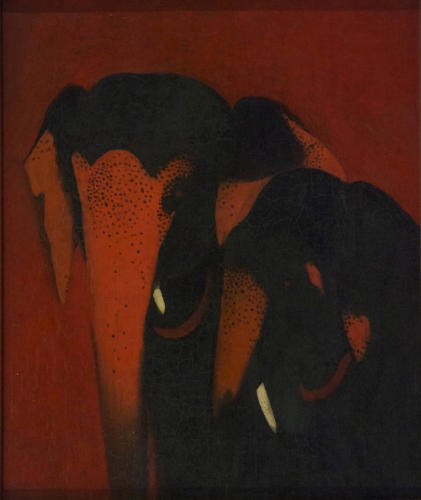 painting of two elephants, closeup of heads, red/black with yellowish tusks