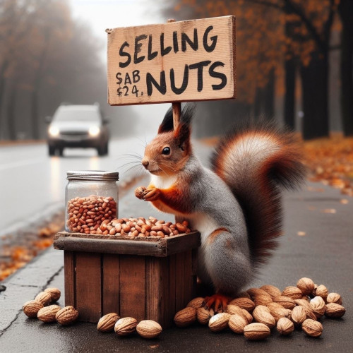 AI image of a squirrel selling nuts on the side of the road.