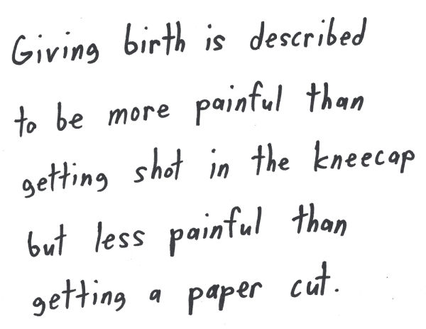 Giving birth is described to be more painful than getting shot in the kneecap but less painful than getting a paper cut.