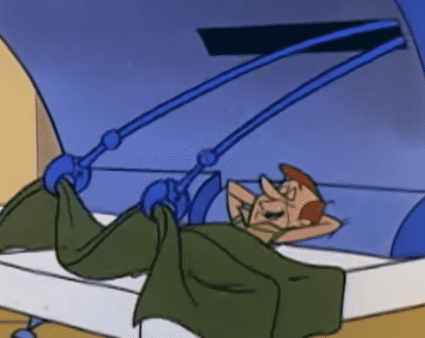 George Jetson lying peacefully on his back in bed. Two robot arms have emerged from a slot in the headboard and are reaching down to pull the covers away.