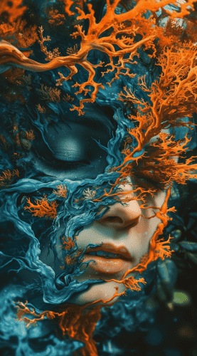 A striking and surreal portrait blending elements of nature with human features. The subject's face is partially visible and emerges from a sea of vividly colored coral or tree-like structures. These organic forms are rendered in fiery orange and deep blue hues, creating a stark contrast. The textures are reminiscent of underwater coral ecosystems or perhaps the branching patterns of fiery autumn foliage. The face is tranquil and serene, with closed eyes that convey a sense of peace or introspection. This interplay of the human form with natural elements creates a powerful image of unity between people and the natural world, suggesting a deep, intrinsic connection.