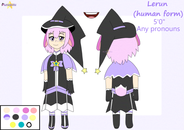 A reference sheet of a human girl with pink bunny ears down, has lilac eyes and short pink hair. Wears black witch outfit. Her backview, color palette and mouth sample can also be seen.

Text:
Lerun (human form)
5'0"
Any pronouns