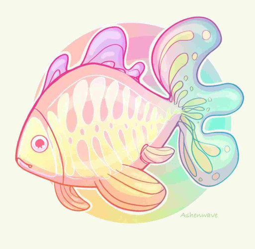 Illustration of a fish species from fantasy waters, the Light Sea. The creature is translucent, with a glowing skeleton structure, and its body reflects many colors in its skin.
