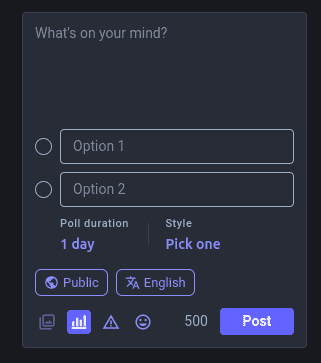 Screenshot of new Mastodon format for post creation showing new reformatted poll creation layout, with a new style menu for choosing between pick one polls and multiple selection polls.