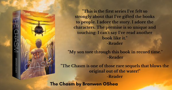 THE CHASM by BRANWEN OSHEA FINDING HUMANITY SERIES, BOOK 2.0 
REVIEW QUOTES:
 "This is the first series I've felt so strongly about that I've gifted the books to people. I adore the story. I adore the characters. The premise is so unique and touching: I can't say I've read another book like it." -Reader 

“My son tore through this book in record time." -Reader

 "The Chasm is one of those rare sequels that blows the original out of the water!" -Reader 

Picture is of the book cover where a humanoid star being female in Arctic fur and leather clothing faces down a hovering black helicopter with a human pilot.