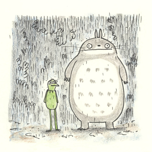 A cartoon illustration of Kermit waiting in the rain beside Totoro. 