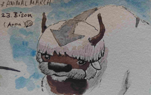 Aquarell
Ein fliegender Bison aus der Serie Avatar, Last Airbender. Das Fell ist weiß, Gesicht braun, Nase schwarz.
Auf dem Kopf ein Pfeilförmiges Zeichen, das sich über den Rücken verlängert.