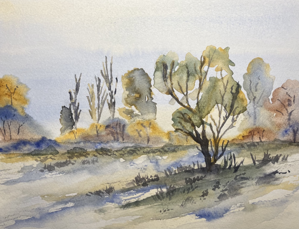 On this watercolor, I practiced painting trees. There’s a pale blue sky.  Under that, there’s a row of distant trees; some are round, some are tall and thin. On the right is a single tree with grass growing underneath. 