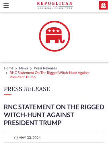 Image of RNC statement on President Trump being convicted 34 times over… Being a felon is now presidential