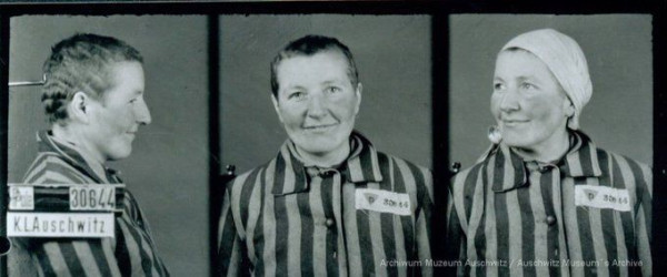 Black and white historical photograph displaying a prisoner in a striped uniform from Auschwitz, shown in front, left profile, and a slightly turned head with a hat on.Registration number 11316 and name K.L Auschwitz are visible.