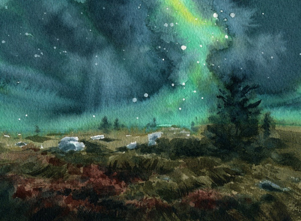 A horizonta  watercolor landscape- green and grey eerie sky with stars over a rocky expanse with lone pine trees  