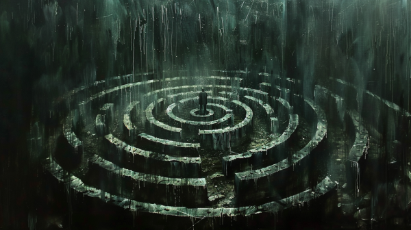 A dark and atmospheric scene depicting a solitary figure standing in the center of a circular maze, surrounded by high walls with a distressed, dripping texture. The environment feels eerie and desolate, with a sense of mystery and isolation.