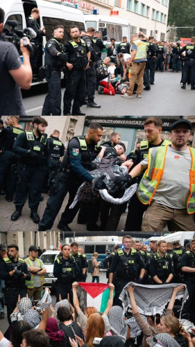 3 pictures of police attacking German students