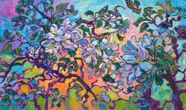 Colourful open impressionist style painting of purple brances with soft light blue, light purple, light pink and white coloured flowers, and many leaves in various shades of green, to a background that is coloured in a mixture of pink, purple, blue, turquoise, orange and green.