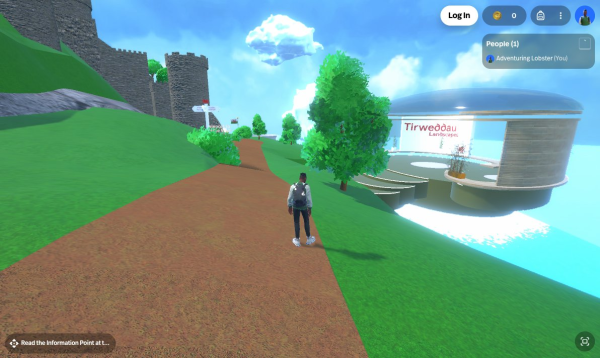 A screenshot of the welsh metaverse showing a player standing on a path next to a castle with a floating pod nearby