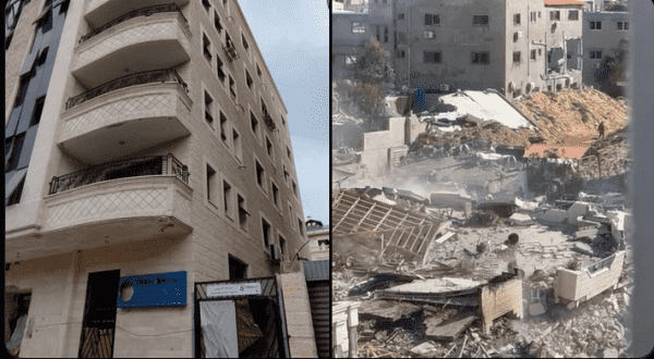 Before and after shots of the building.  On the left, as it stood on Wednesday.  On the right, the pile of rubble it's been reduced to by Israel.