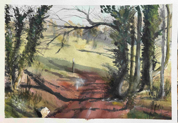 Watercolor painting depicting a rural landscape with a muddy path, trees, and a sign post, with muted tones and a freehand style. Artist signature visible in the corner.