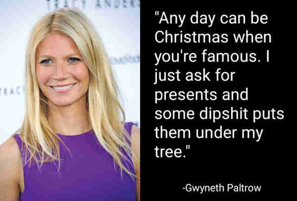 "Any day can be Christmas when you're famous. I just ask for presents and some dipshit puts them under my tree."
-Gwyneth Paltrow