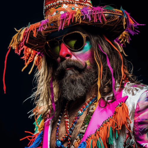 A man who exudes a flamboyant and intense persona, reminiscent of a hybrid between Rob Zombie's gritty rock aesthetic and Randy Savage's larger-than-life wrestling persona. He is adorned in a colorful outfit that includes a cowboy hat embellished with vibrant details, fringe, and what appears to be scribbled text.

His face is partly obscured by round, reflective sunglasses that add an air of mystery. His beard and mustache are full, and his long hair cascades down in a wild, unkempt manner. The man's face and hair are streaked with bold swaths of color, including shades of pink, green, yellow, and red, suggesting a fusion of psychedelic rock vibes with the exuberance of a wrestling superstar.

The attire is a cacophony of textures and colors, featuring bright orange fringe, multicolored beads, and a jacket with pink highlights and intricate patterns. This ensemble is suggestive of both Rob Zombie's rock star edge and Randy Savage's iconic, attention-grabbing ring gear.

The overall impression is one of a daring, confident individual who commands attention and embodies a blend of musical grunge and theatrical sports entertainment.