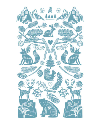 An illustration which is Scandinavian in feel of various animals, mountains, rocks, fir tree branches, snowflakes and hearts in a symmetrical design. The animals are an owl, bird, hare, fox, squirrel, stag and bear.