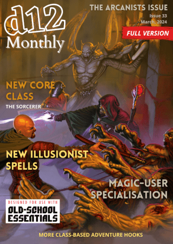 Cover of my zine, d12 Monthly. Featuring a party being attacked by a demon and some undead. 