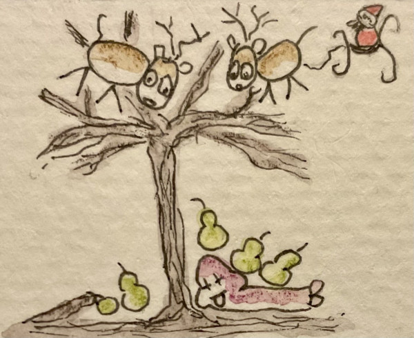 A tree with two frightened reindeer-like creatures on its branches, a Santa figure hanging off to the side, and a pink character with X-shaped eyes lying on the ground, partially covered by fallen pears.