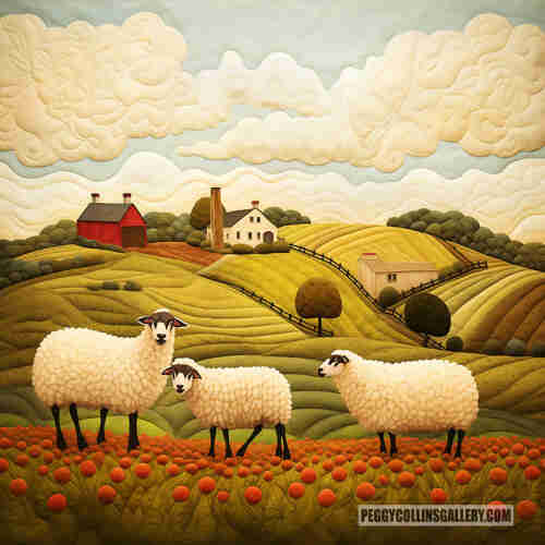 Artwork of a countryside landscape with sheep, a red barn and a farmhouse, all with a quilted effect, by artist Peggy Collins.