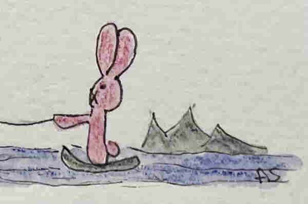 Illustration of a annoyed looking, pink rabbit while water-skiing, with mountains in the background.