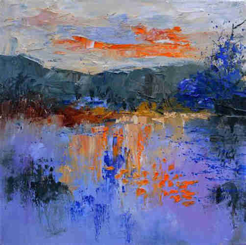 An oil painting of an abstract landscape of a pond with mountains and trees in the background and trees and sky reflected in the water.