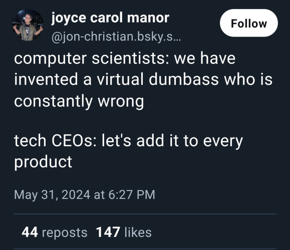 Bluesky post by joyce carol manor:

computer scientists: we have invented a virtual dumbass who is constantly wrong

tech CEOs: let's add it to every product