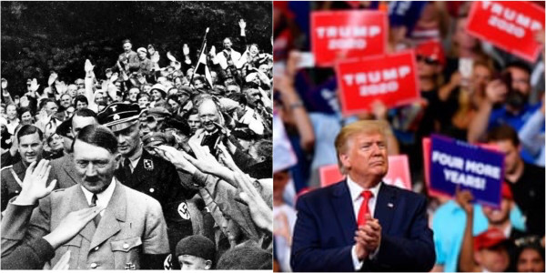 Two photos.
Left: A black and white photo of Hitler surrounded by hundreds German citizens and some military members, all giving him a Nazi salute.
Right: 2024 Republican presumptive nominee, at a 2024 campaign rally, attended by a massive crowd.