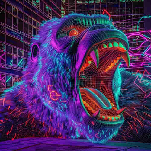 A highly stylized and colorful depiction of a creature reminiscent of King Kong. The creature is shown in an intense, vivid portrait, with its mouth wide open in a roar. The fur is rendered in a variety of neon colors, predominantly in shades of blue and purple, giving a vibrant, electric appearance that is almost fluorescent.

One eye of the creature is visible, glowing a fiery orange, which stands out against the cooler colors of the fur. The inside of the mouth is a contrasting bright green, with sharp teeth outlined in neon orange, adding to the dynamic and wild expression of the creature.

In the background, there are neon outlines suggestive of a futuristic cityscape with geometric shapes, all glowing with similar neon vibrancy against a dark backdrop, creating an atmosphere that feels both urban and otherworldly.

The overall effect is one of a modern, digital reimagining of the classic King Kong, as though the iconic giant ape has been transported into a neon-lit, cyberpunk landscape. It’s a depiction that combines the ferocity and power of the legendary creature with an aesthetic that is strikingly contemporary and fantastical.