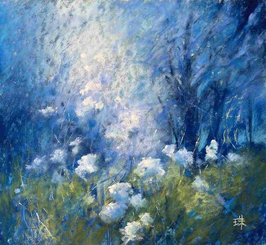 Very blue painting of flowering meadow. Light is coming between trees onto the white wildflowers. Textured.