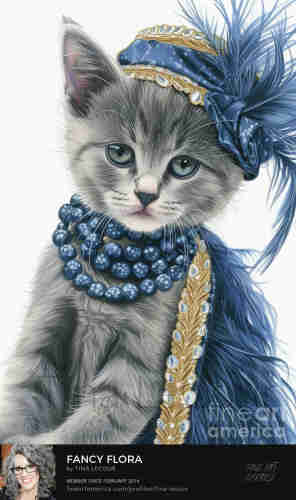 This is an adorable gray kitten named Flora wearing a fancy blue hat and matching necklace and cape.