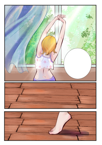 3 frame comic page.
frame 1:  Silvia stretching in front of the window
frame 2: wooden floor
frame 3: a foot stepping on the wooden floor